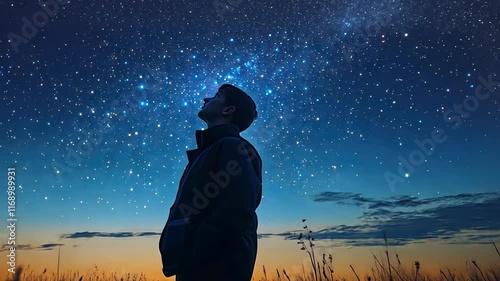 A young boy stands in a field of tall grass at night, looking up at the stars