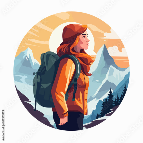 Female backpacker round avatar icon for travel purposes in vector illustration format photo