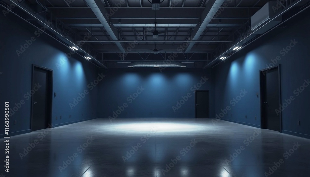 Fototapeta premium Cinematic Wide Shot of a Sleek, Modern Interior with Dramatic Spotlight Shadows
