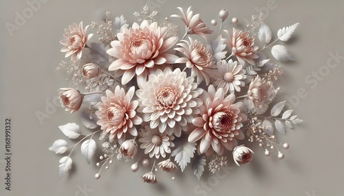 3D floral composition with soft coral-colored tulips, delicately highlighted by pearl white accents
