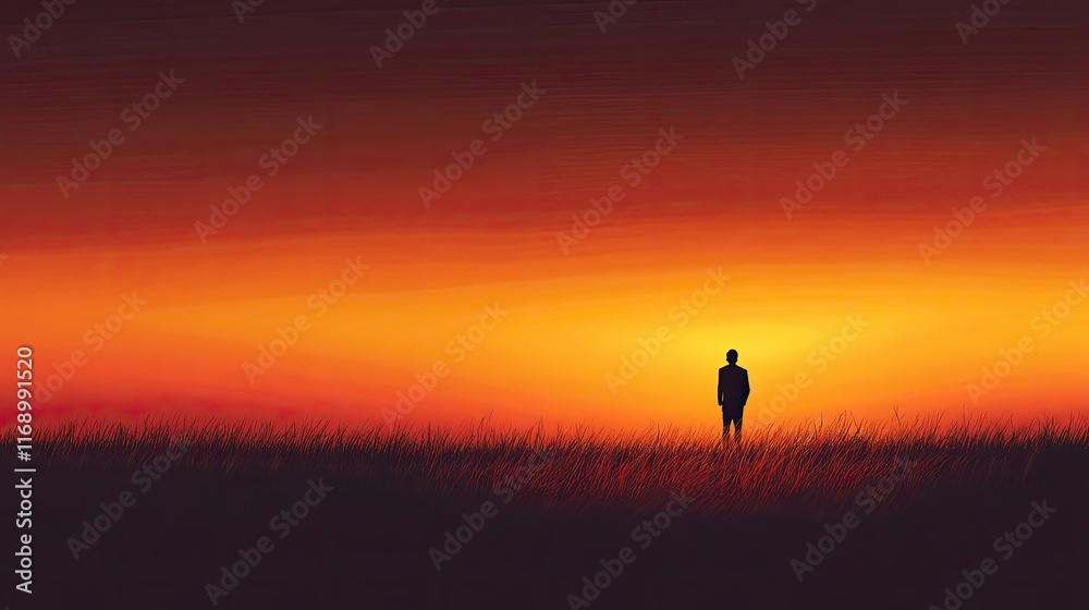 Solitary Figure Silhouetted Against a Fiery Sunset Sky Solitary Figure Silhouetted Against a Fiery Sunset Sky