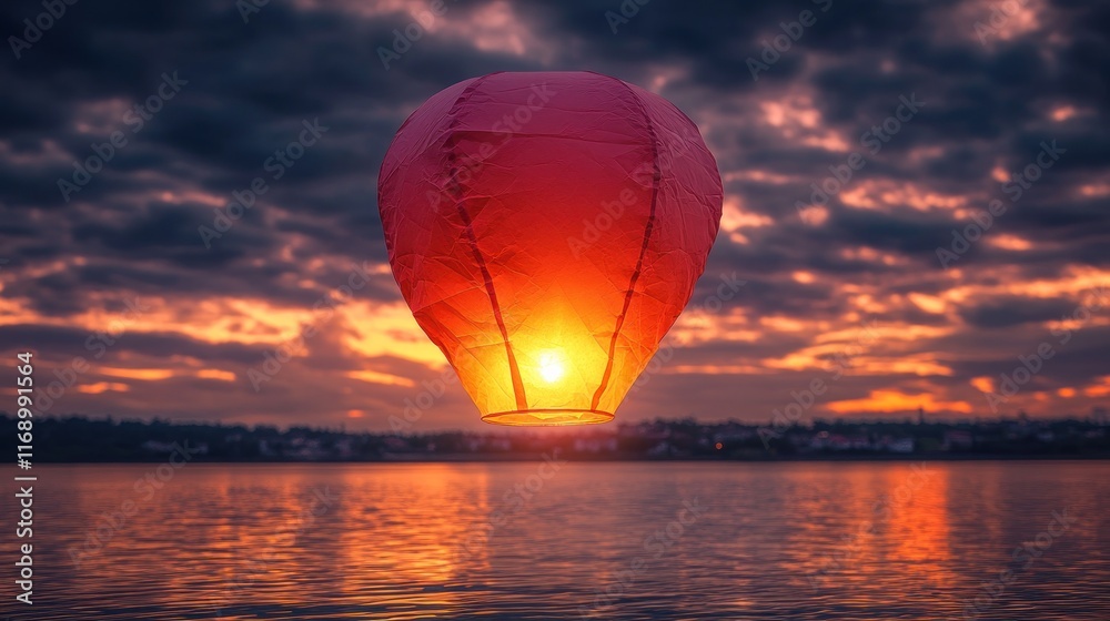 Fototapeta premium Red sky lantern floats over lake at sunset.