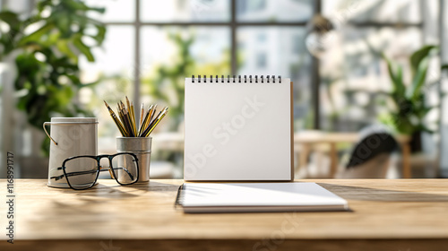Mockup calendar on the table. Blank spiral desk calendar. Empty 3D table calendar
