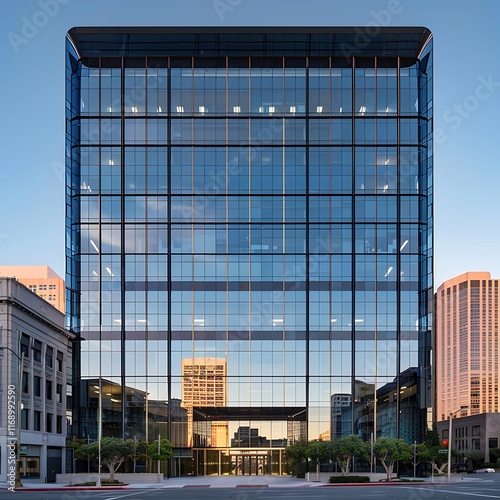 corporate office building with symmetrical glass panels in urban setting