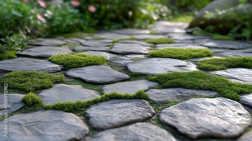 Mossy Stone Pathway Through Lush Green Garden photo