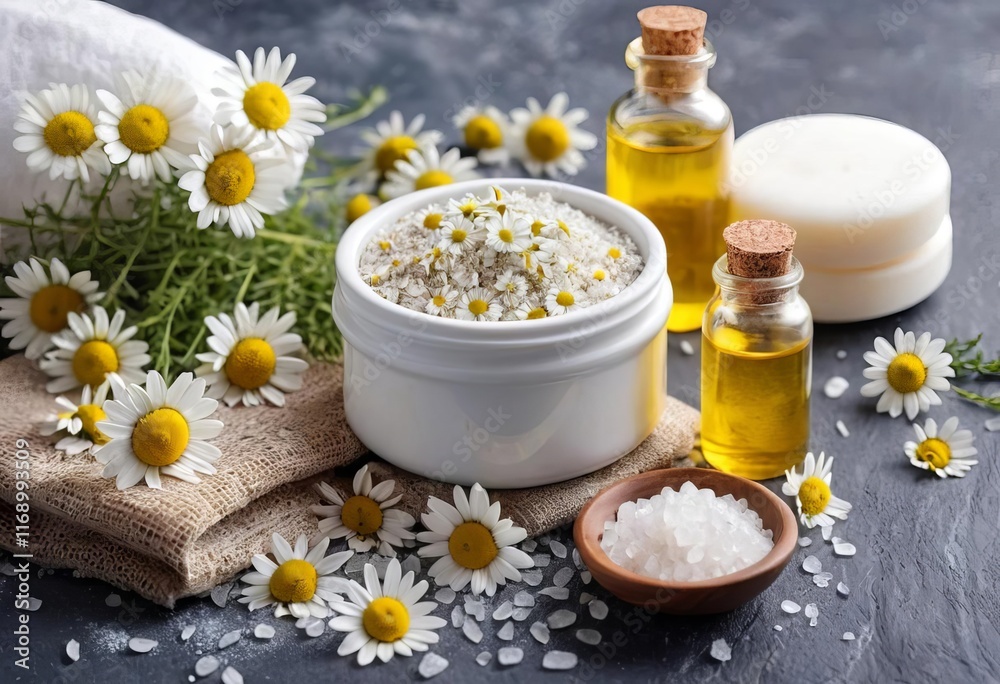 A collection of natural chamomile spa products on a textured background A collection of natural chamomile spa products on a textured background