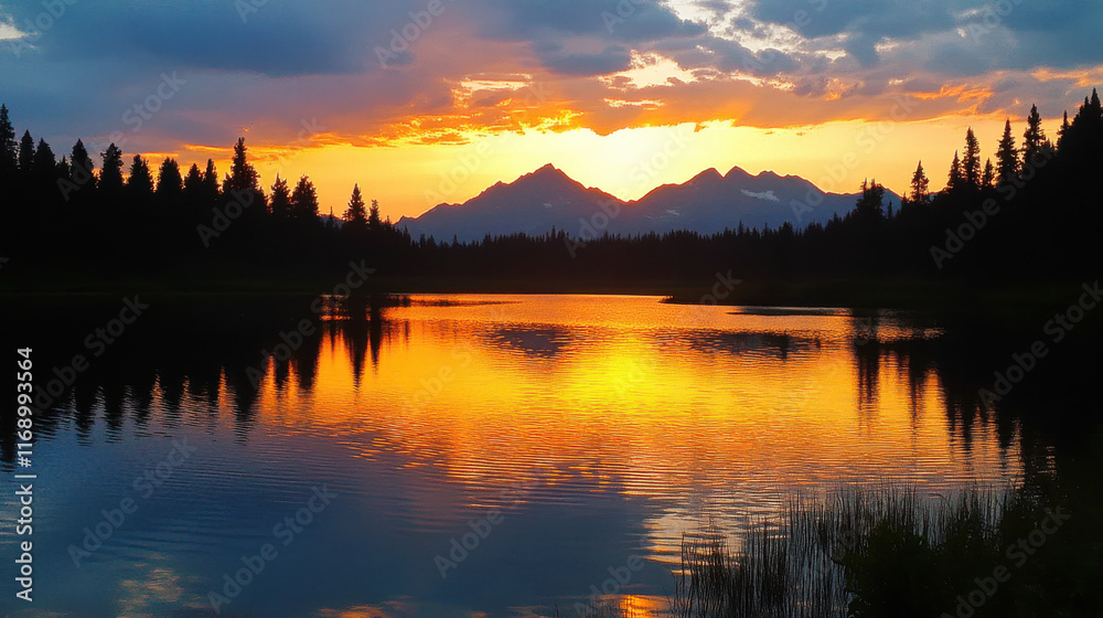 Fototapeta premium stunning sunset over calm lake with mountain silhouettes
