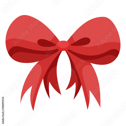 Classic red satin ribbon bow with double tape. Bowknot for decoration. Large retro hand drawn ribbon Illustration. Cartoon bow knot, gift ribbon.