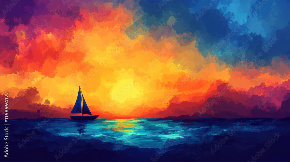 Fototapeta premium Colorful sunset sky with silhouette of sailboat on water