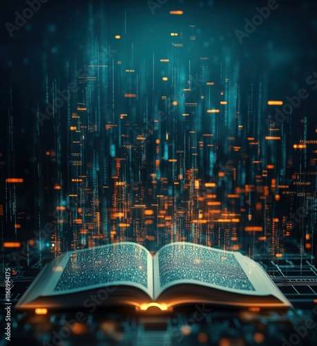 Wallpaper Mural Digital transformation of knowledge illustrated by open book surrounded by glowing data streams and binary code, copy space for text Torontodigital.ca