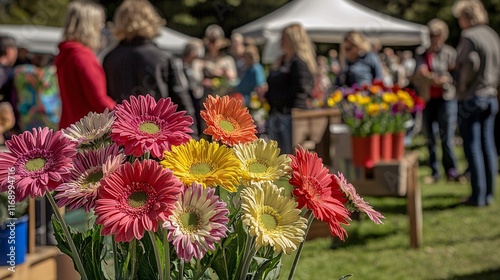 lively outdoor garden with an array of Gerbera flowers blooming in different colors, providing a colorful and refreshing backdrop for a gathering. Gerbera 