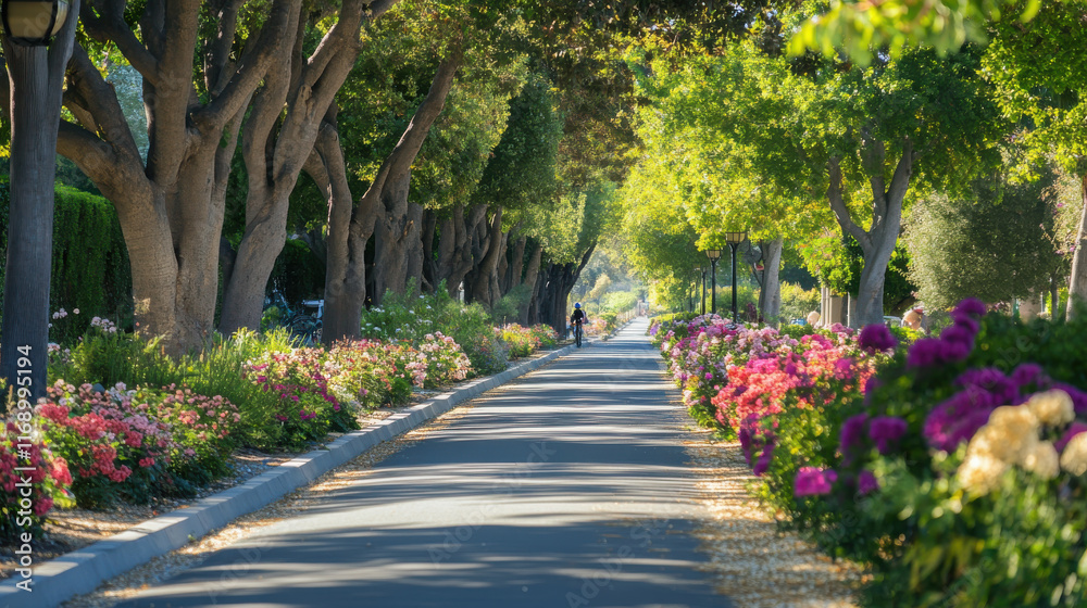 scenic bike path lined with trees and colorful flowers, inviting exploration scenic bike path lined with trees and colorful flowers, inviting exploration