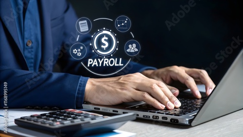 Businessman managing payroll on a laptop with calculator.