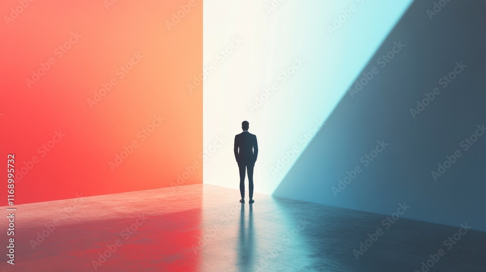 Businessman Contemplating Future, Minimalist Red Blue Office Businessman Contemplating Future, Minimalist Red Blue Office