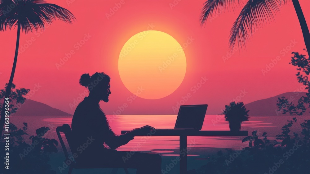 Fototapeta premium Relaxed Man Working Laptop Tropical Sunset Beach
