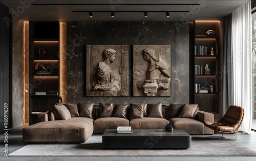 masculine interior design with focus on a 3piece artwork set on the wall large artwork set masculine home decor minimal design modern architecture luxurious feel darker photo