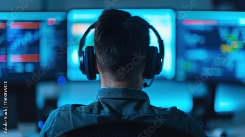 A person watching TV and listening to music with headphones in a busy city street photo