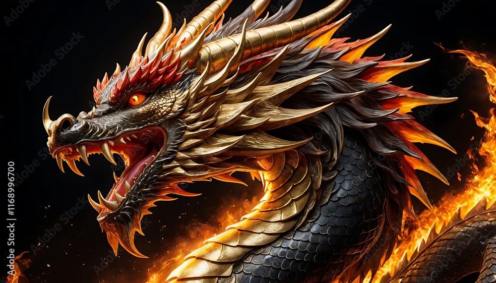 Majestic Golden Dragon Sculpture on Black Background. Generative AI Majestic Golden Dragon Sculpture on Black Background. Generative AI