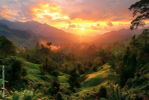 Wallpaper Mural Vibrant sunset over lush green mountain valley. Torontodigital.ca