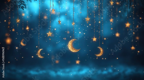 Magical night scene with hanging crescent moons and stars.