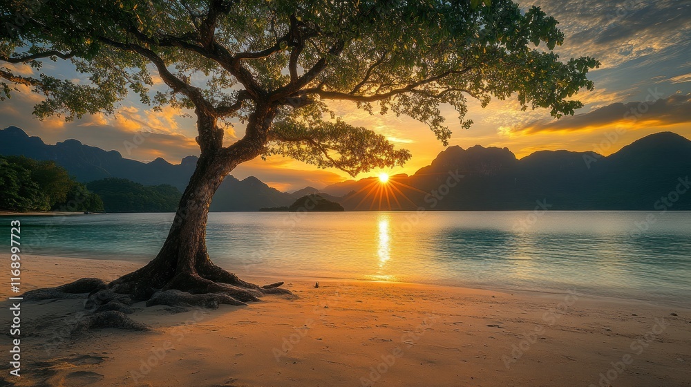 Sunset over tropical beach, tree silhouette. Sunset over tropical beach, tree silhouette.