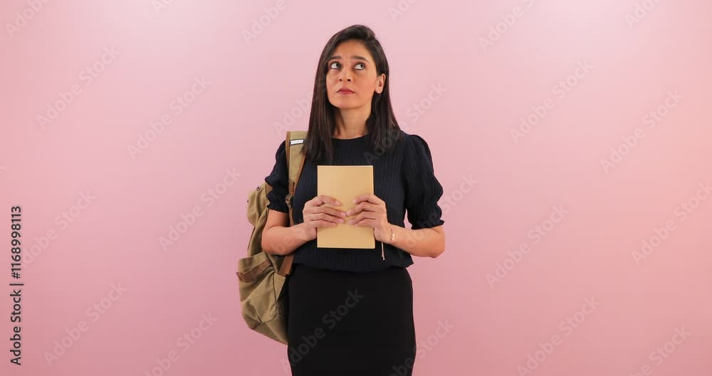 Thoughtful beautiful Indian student girl with backpack holding book thinking about study education