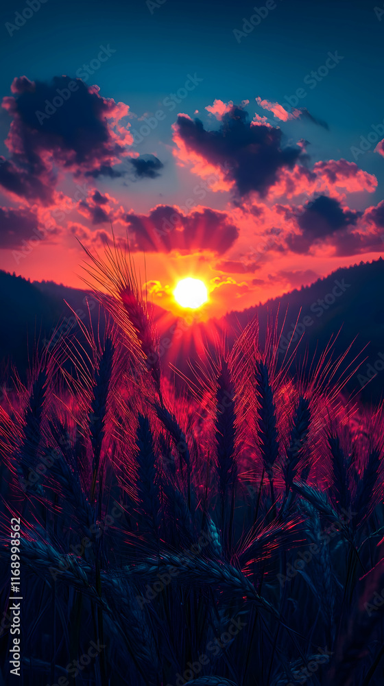 Fototapeta premium Vibrant sunset casting warm light on a field of wheat.