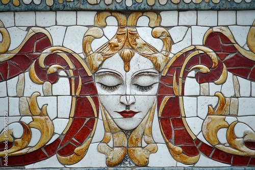 Ornate artistic mosaic featuring female face with intricate patterns