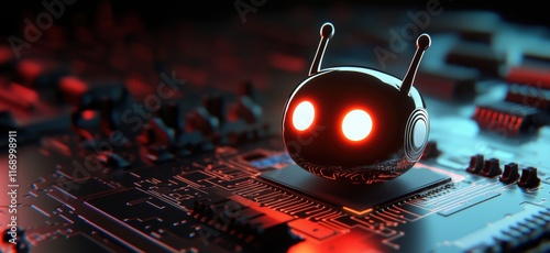 Wallpaper Mural Futuristic robot figure on circuit board, glowing eyes, intricate electronic components, high-tech design, vibrant colors, digital art, copy space for text Torontodigital.ca