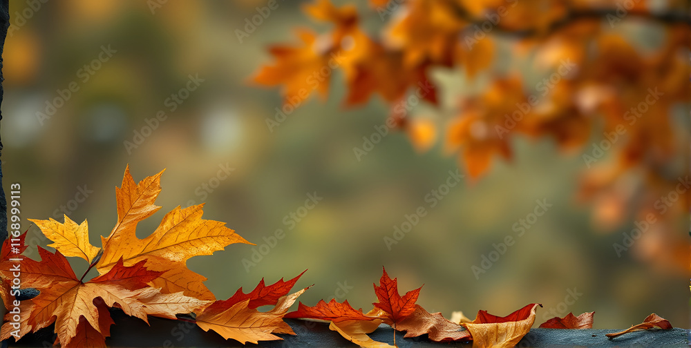 An autumnal scene in the forest with red-orange leaves in the foreground and a blurred background with a copy space for text to one side An autumnal scene in the forest with red-orange leaves in the foreground and a blurred background with a copy space for text to one side