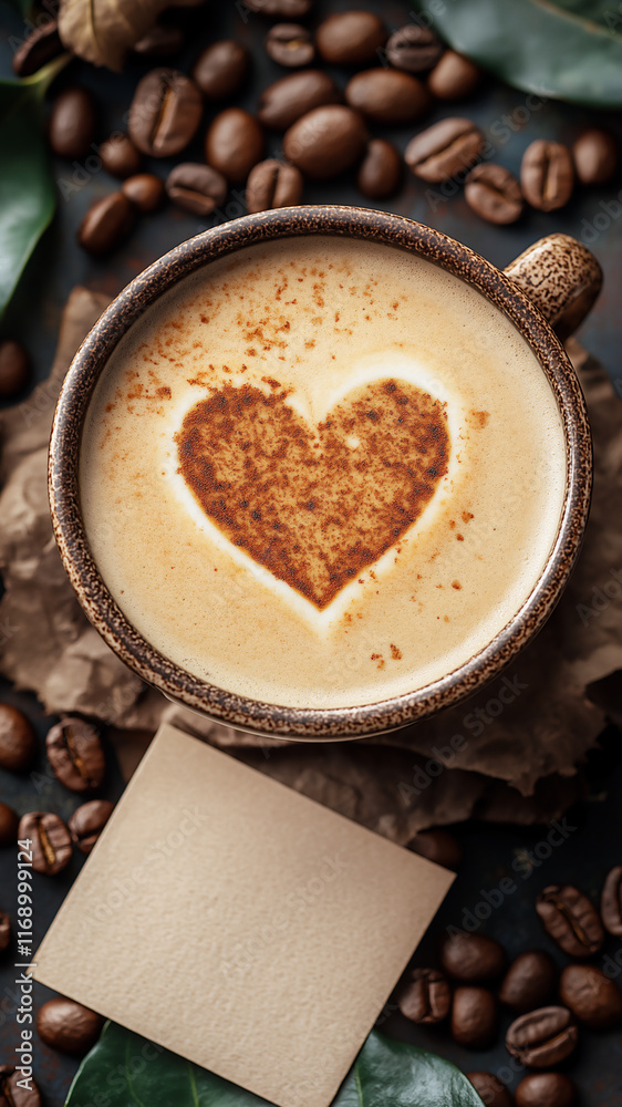 Delicious cup of coffee with heart design and coffee beans laid out on wooden surface Delicious cup of coffee with heart design and coffee beans laid out on wooden surface