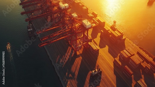 Sunset over the bustling port, cranes casting long shadows on the vibrant water below photo