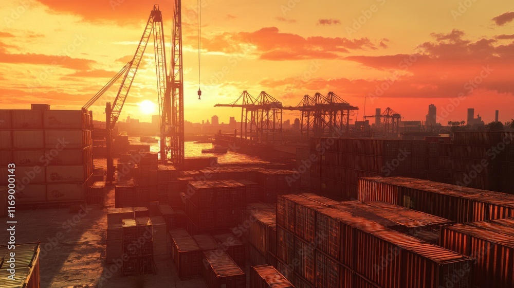 Golden sunset over a bustling cargo dock with towering cranes and stacked containers Golden sunset over a bustling cargo dock with towering cranes and stacked containers