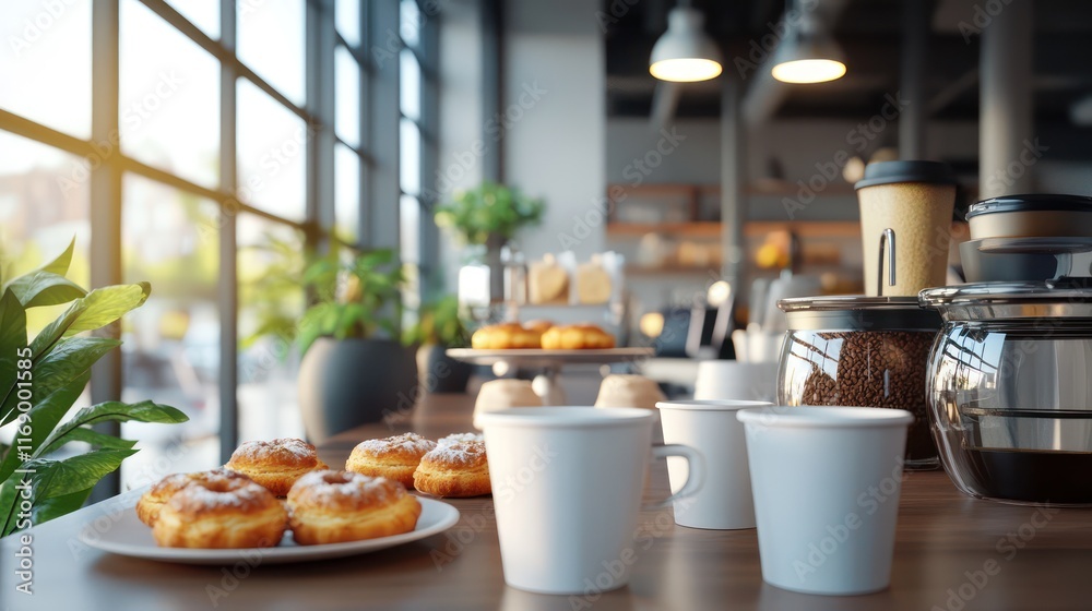 A high-end office break area with coffee cups, fresh pastries, and stylish modern decor. A high-end office break area with coffee cups, fresh pastries, and stylish modern decor.