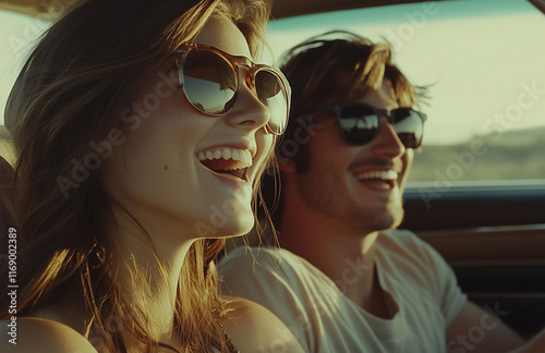 Smiling Couple in a car with a vacation vibe, wearing a hat, enjoying the sun.