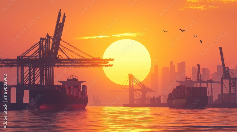 Obraz premium Golden sunset casts a serene glow over bustling harbor filled with ships and silhouettes of cranes
