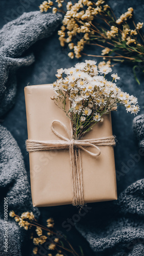 Beautifully wrapped gift adorned with flowers and arranged on a textured surface