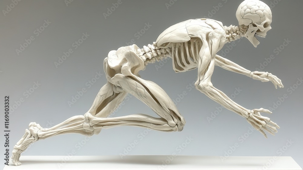 Anatomical model of a human skeleton in a running pose, showcasing bones and muscles. Anatomical model of a human skeleton in a running pose, showcasing bones and muscles.