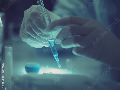 Scientist conducting experiments in a laboratory using test tubes and glassware with various chemicals and equipment photo