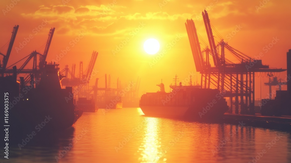 Sunset over the bustling harbor highlights silhouettes of cargo ships and cranes against a vibrant orange sky Sunset over the bustling harbor highlights silhouettes of cargo ships and cranes against a vibrant orange sky