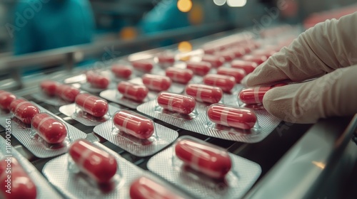 This image depicts a worker checking capsules on a conveyor belt, illustrating the meticulous process involved in pharmaceutical quality control. photo