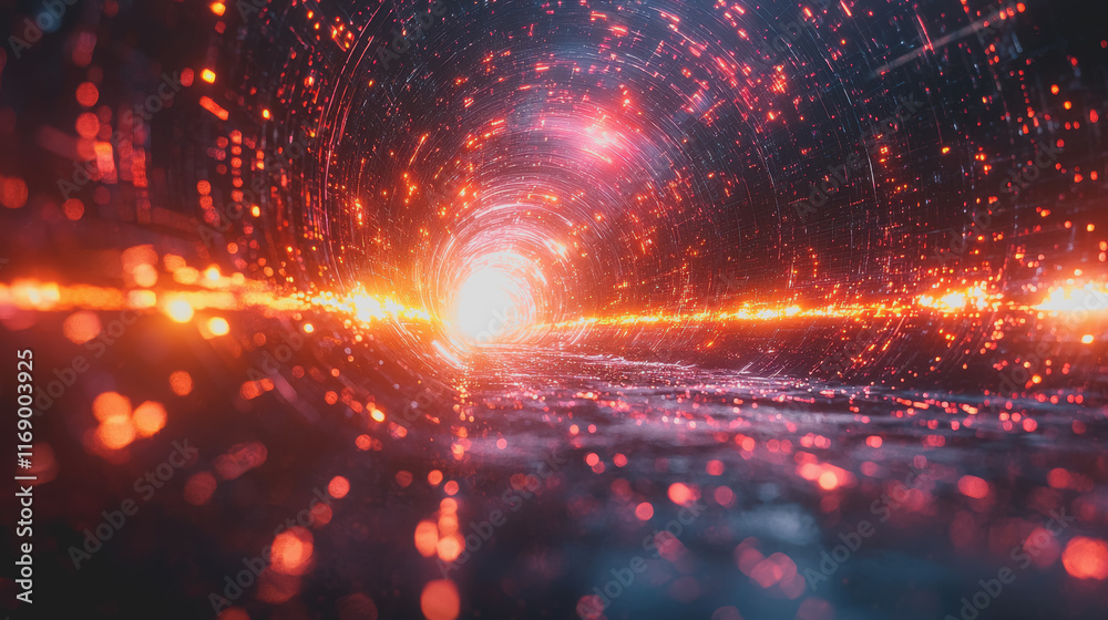 Obraz premium Illuminated Tunnel with Radiant Lights Creating a Dynamic Perspective Leading to Unknown Depths Evoking a Sense of Adventure Mystery and Exploration in an Urban Environment