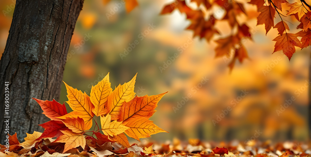 An autumnal scene in the forest with red-orange leaves in the foreground and a blurred background with a copy space for text to one side