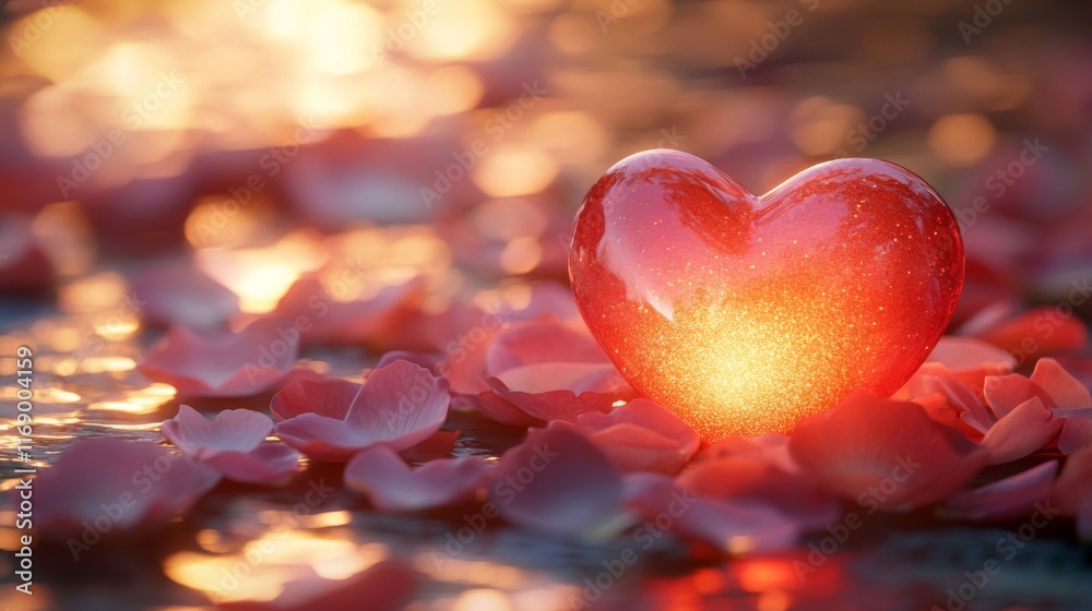 Glowing Heart Rests Among Rose Petals At Sunset Glowing Heart Rests Among Rose Petals At Sunset