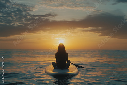 Silhouette of a woman sitting on a surfboard watching the sunset, surrounded by the ocean and sky, reflecting a peaceful moment of relaxation and nature's beauty. photo