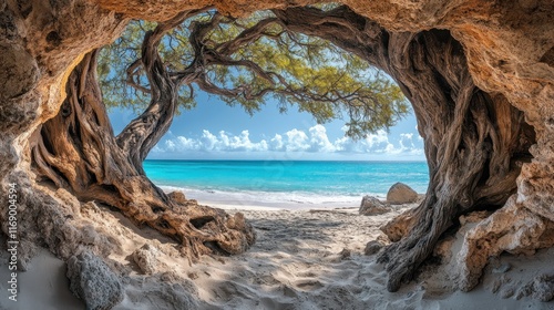 Tropical beach scene viewed through cave opening framed by ancient tree.