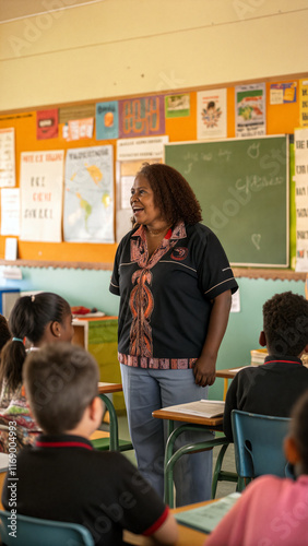 Aboriginal australian teacher engages with her students in a colorful classroom focused on cultural heritage, fostering a lively learning environment filled with curiosity - Generative AI