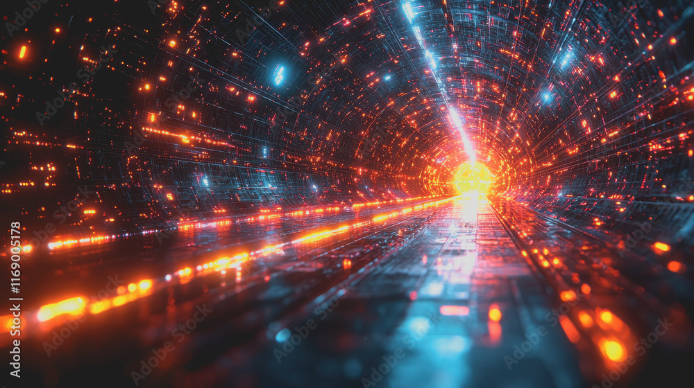 Fototapeta premium Illuminated Tunnel with Radiant Lights Creating a Mysterious Atmosphere Surrounded by a Dark Background Evoking Intrigue and Wonder in an Urban or Subterranean Setting