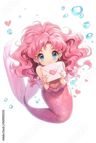 vertical image charming anime chibi girl mermaid with pink hair and fish tail holding love letter with heart on white background photo