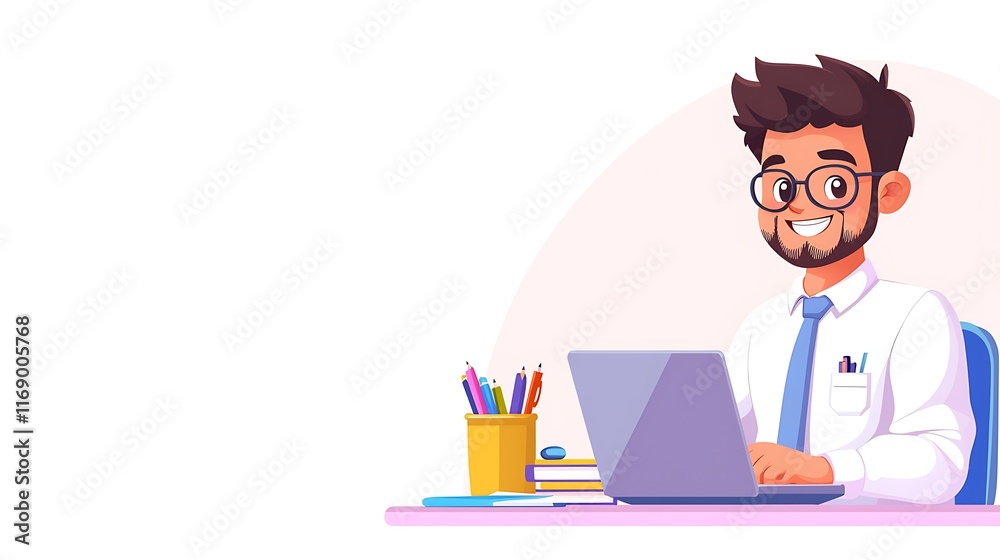 Happy man working on laptop at desk. Happy man working on laptop at desk.